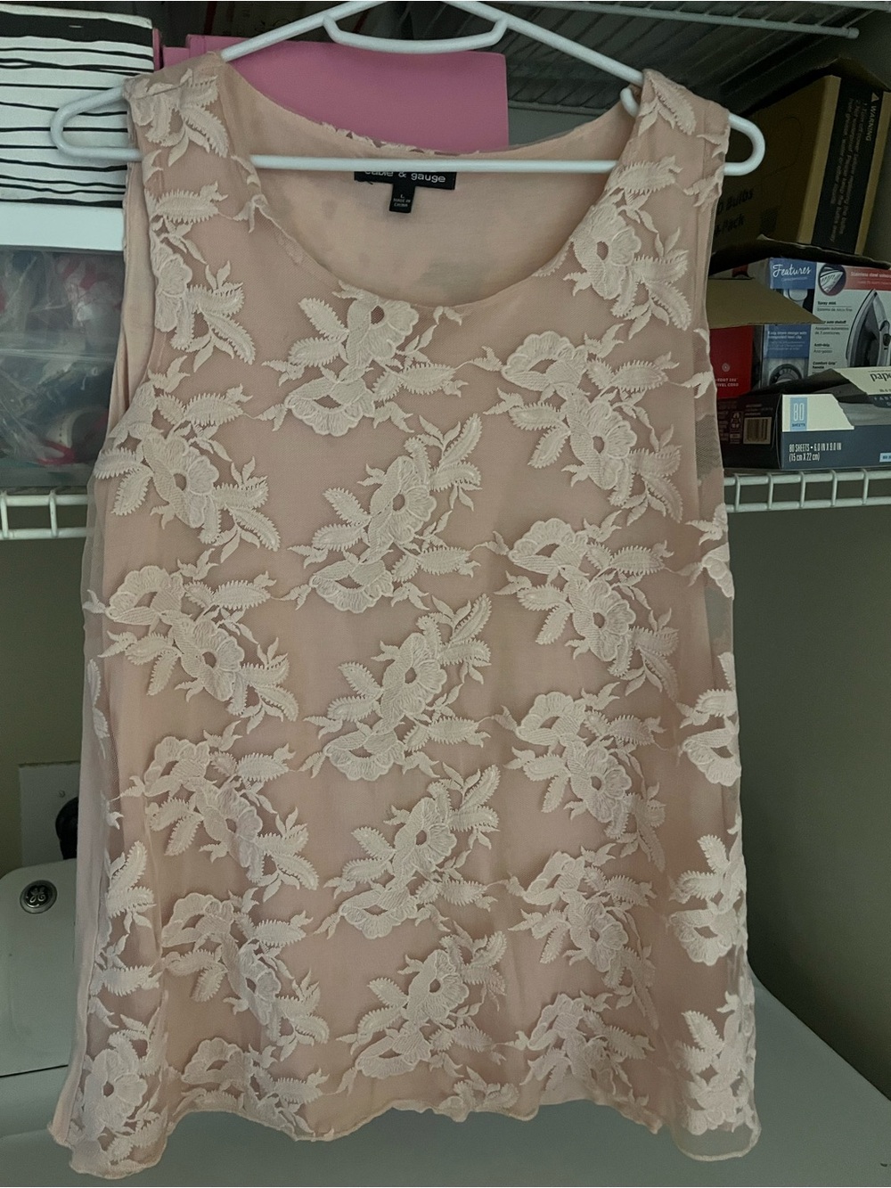 Pink sleeveless blouse with floral lace overlay, Cable and Gauge, Size Large
